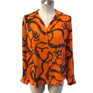 L'AGENCE Silk Blouse Women S Orange Equestrian Chain Print Button Down Career
